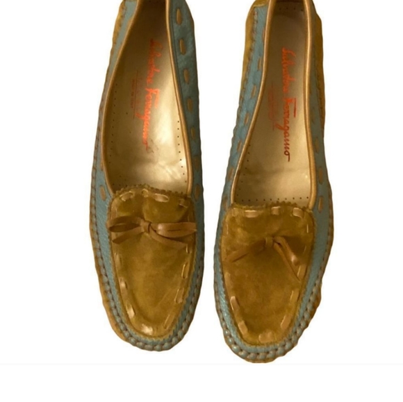 Salvatore Ferragamo Vintage Suede Moccasin Loafers Brown Blue Size 8 - Picture 2 of 11